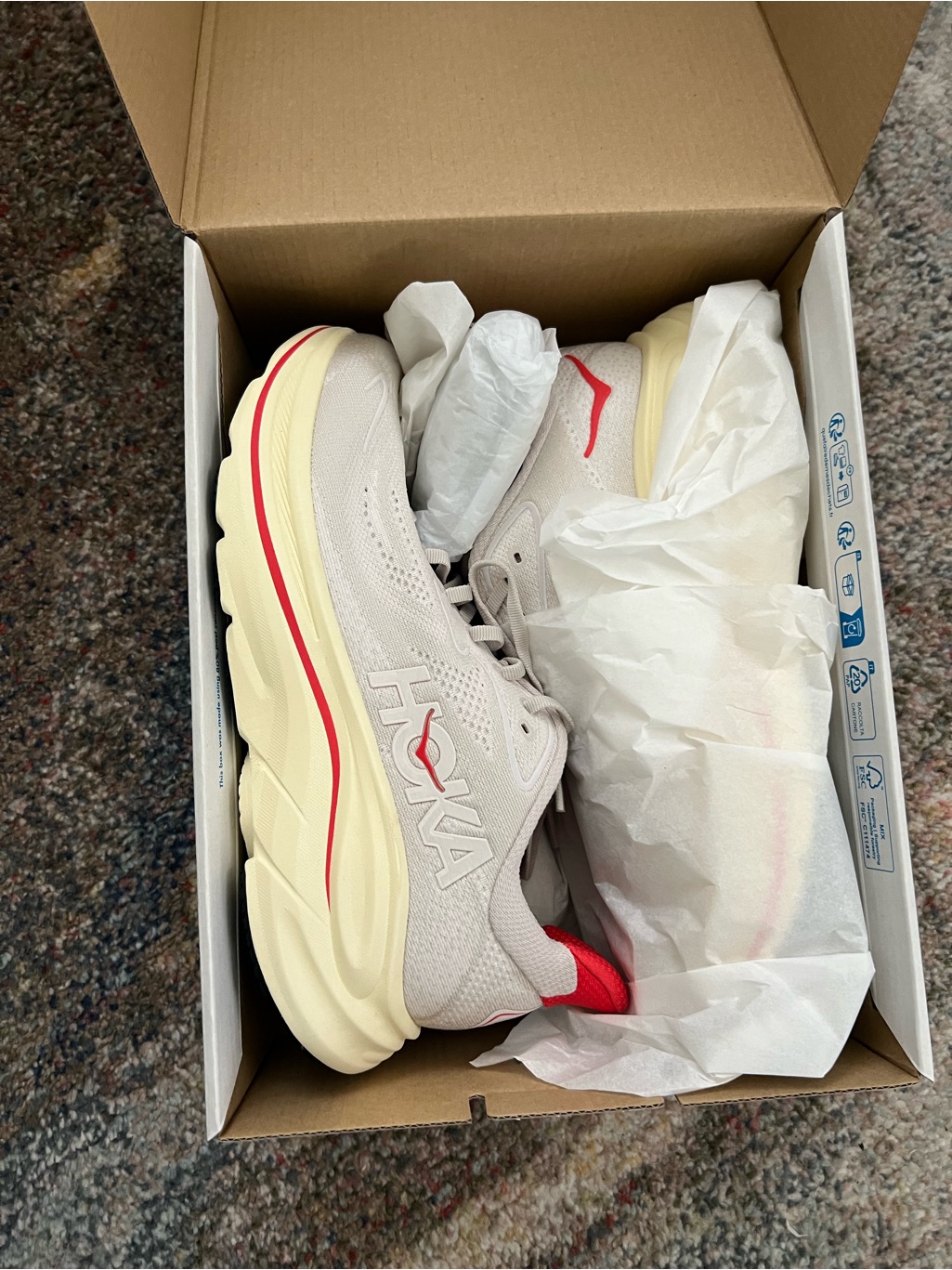 Hoka Women's Clifton 10 Running Shoes In Light Beige With Red Accents